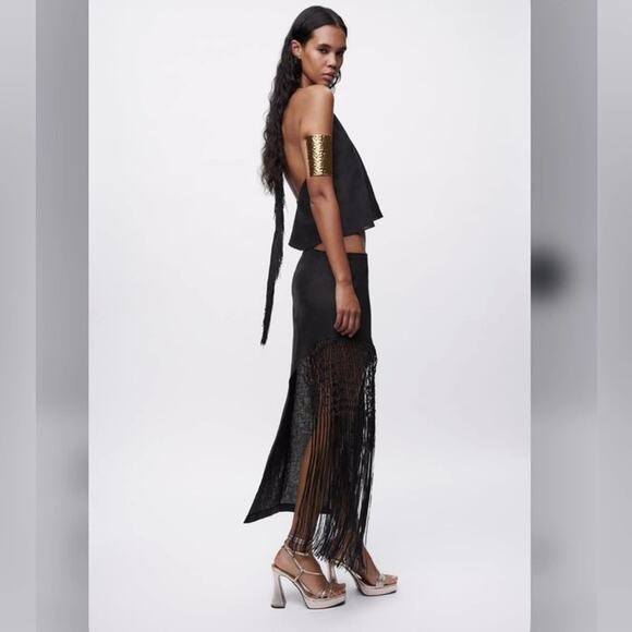Zara Black Midi Skirt with Fringe Detail - Picture 9 of 13
